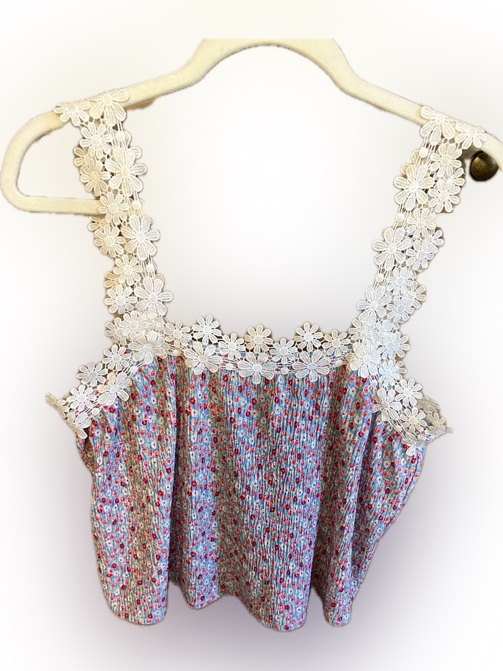 Floral Lace-Trim Pink & Blue Smocked Camisole